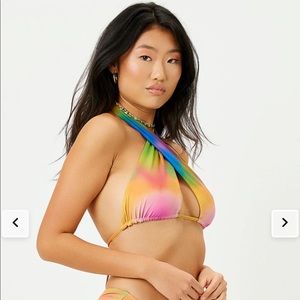 NWT Frankie’s Bikinis Bash Wrap Halter Rainbow Serotonin Bikini Top M